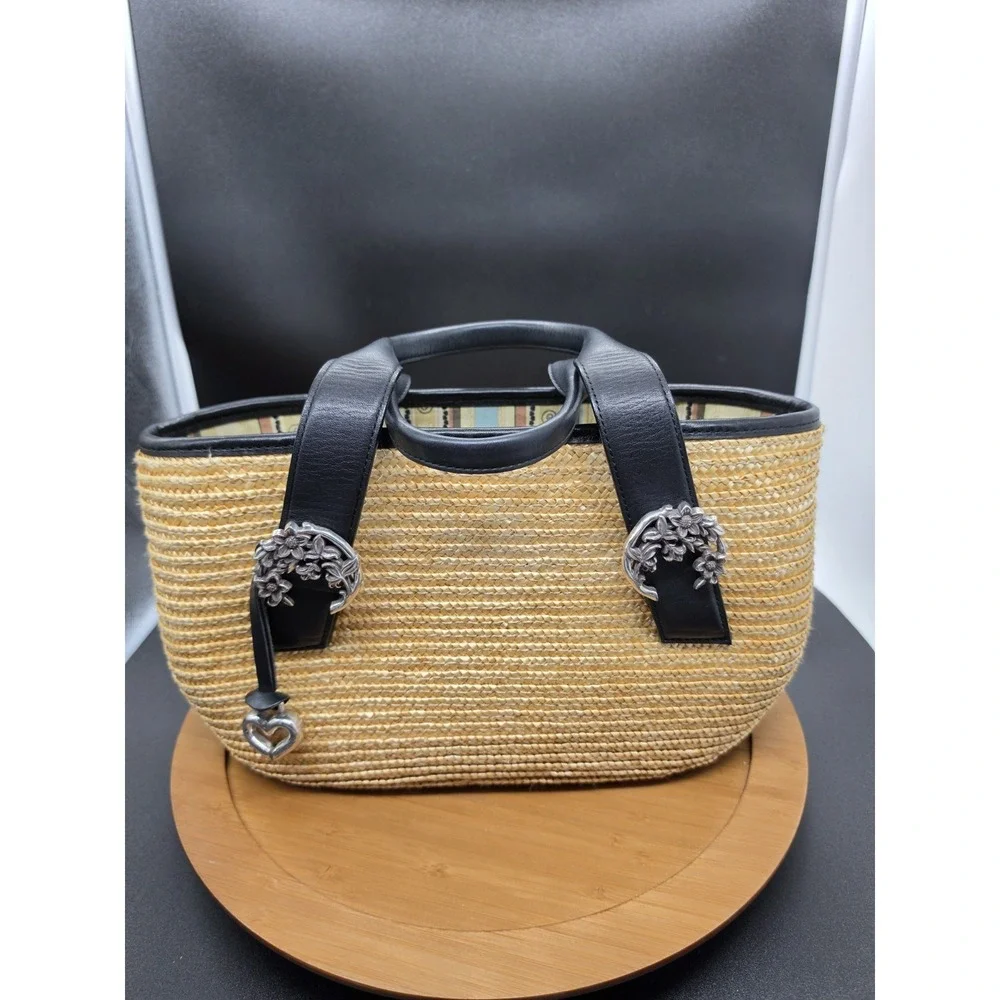 Brighton Bernadette Straw‎ Purse With Black Leather Handles Flawless!